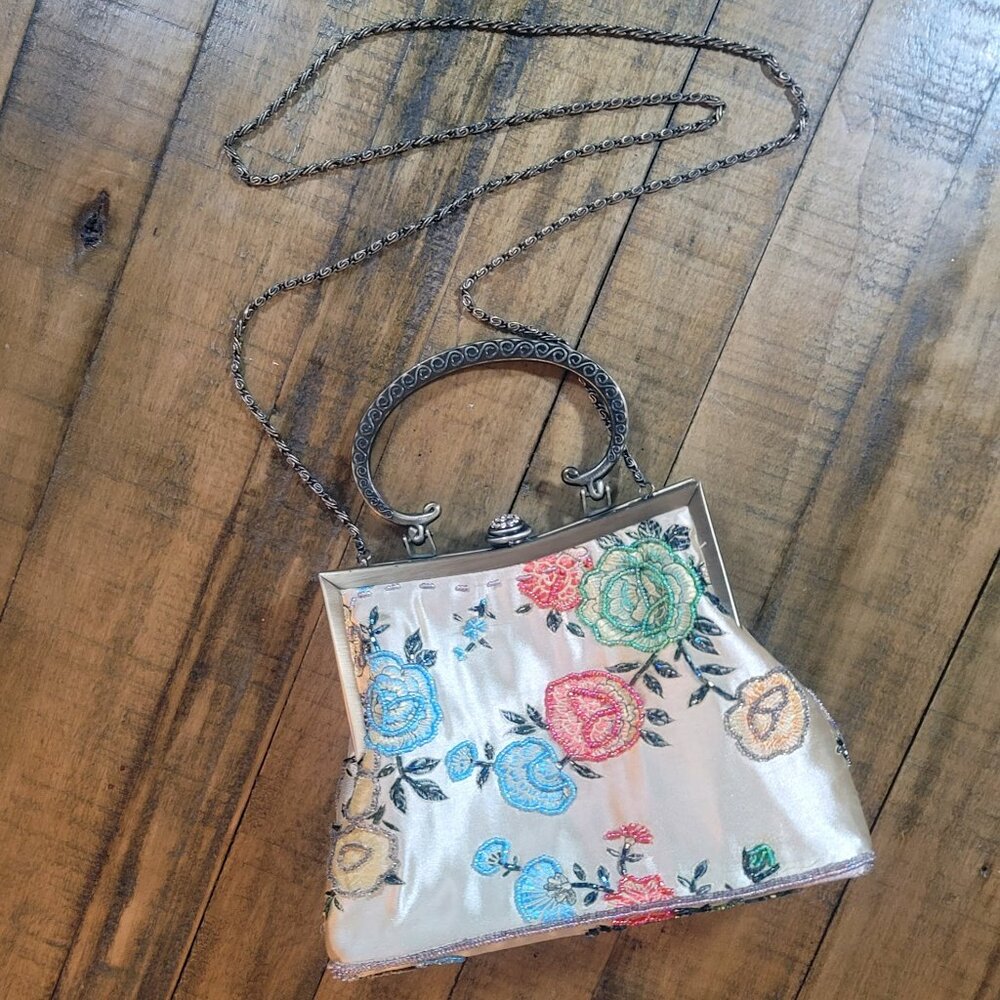 Vintage Handmade Evening Clutch Embroidered with Multi-Colored Flowers a…